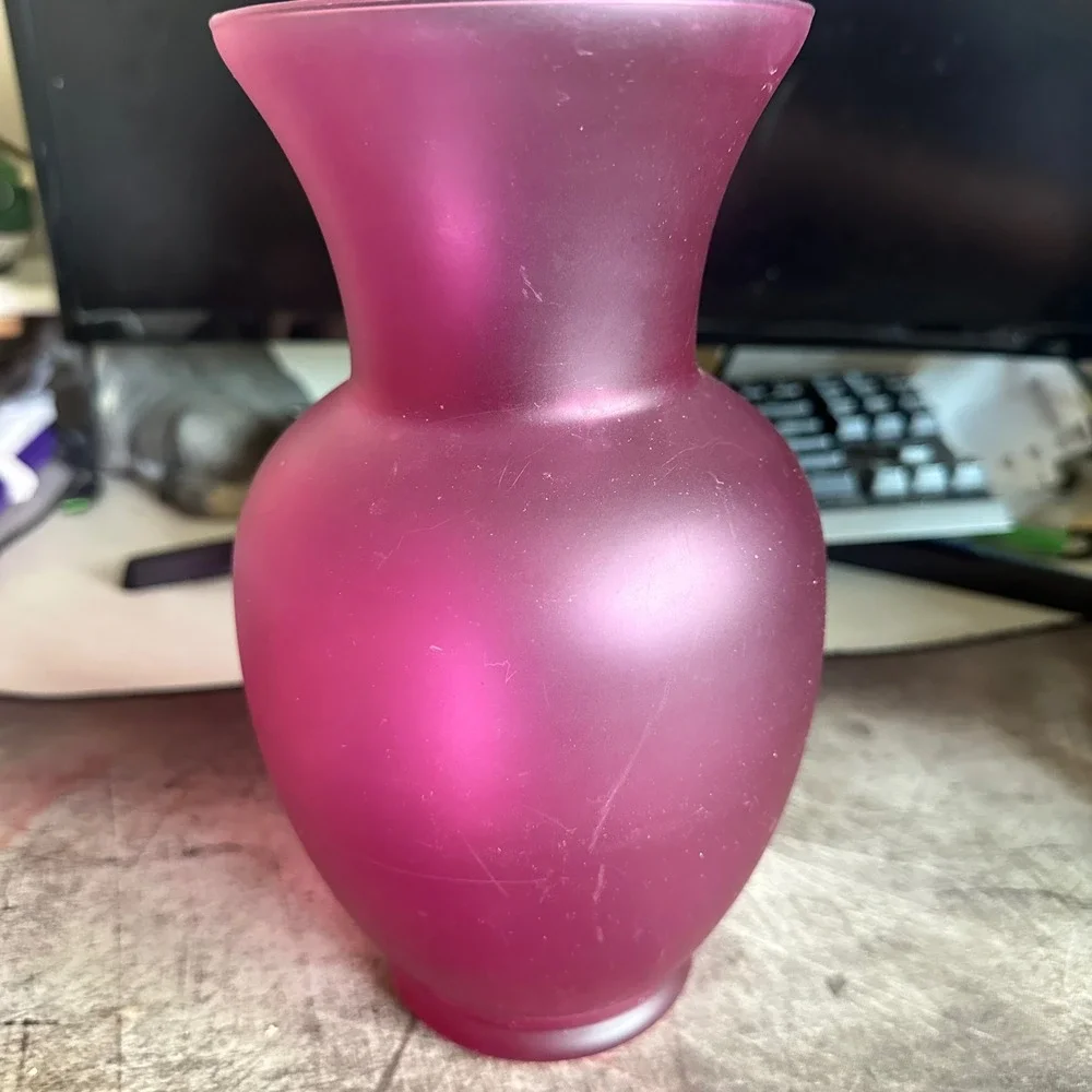 Vase 9in Magenta Pink Frosted Glass Flared Rim‎ Home Decor